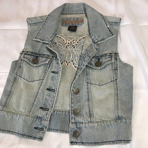 D. Jeans Sleeveless Cropped Vest With Butterfly Back Embellishments Junior Large - Picture 2 of 11